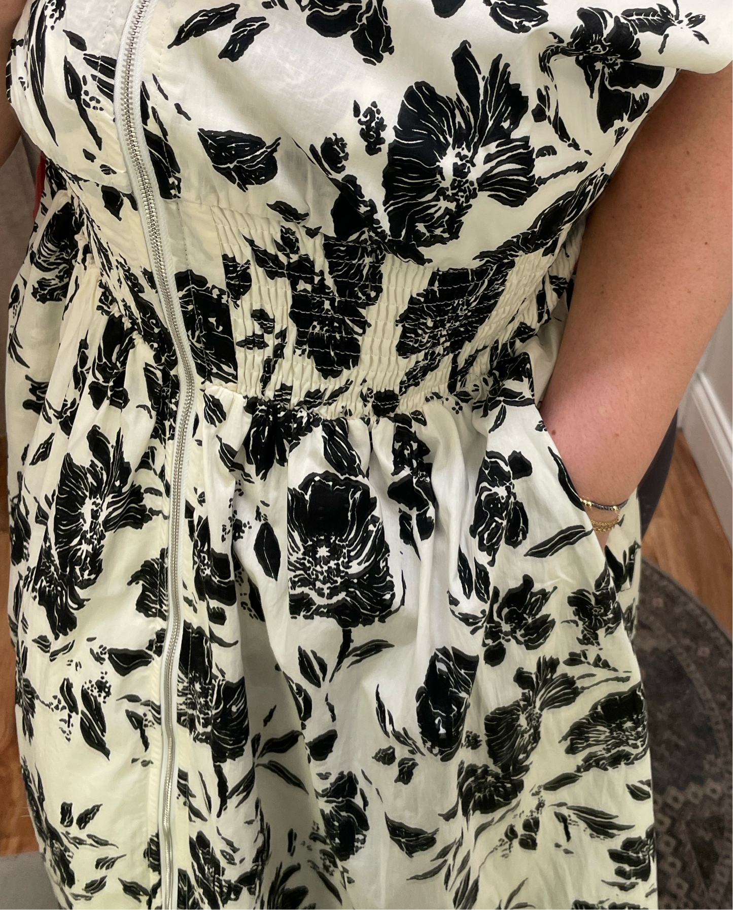 Drop Shoulder Smocked Waist Front Zip Midi Dress She + Sky