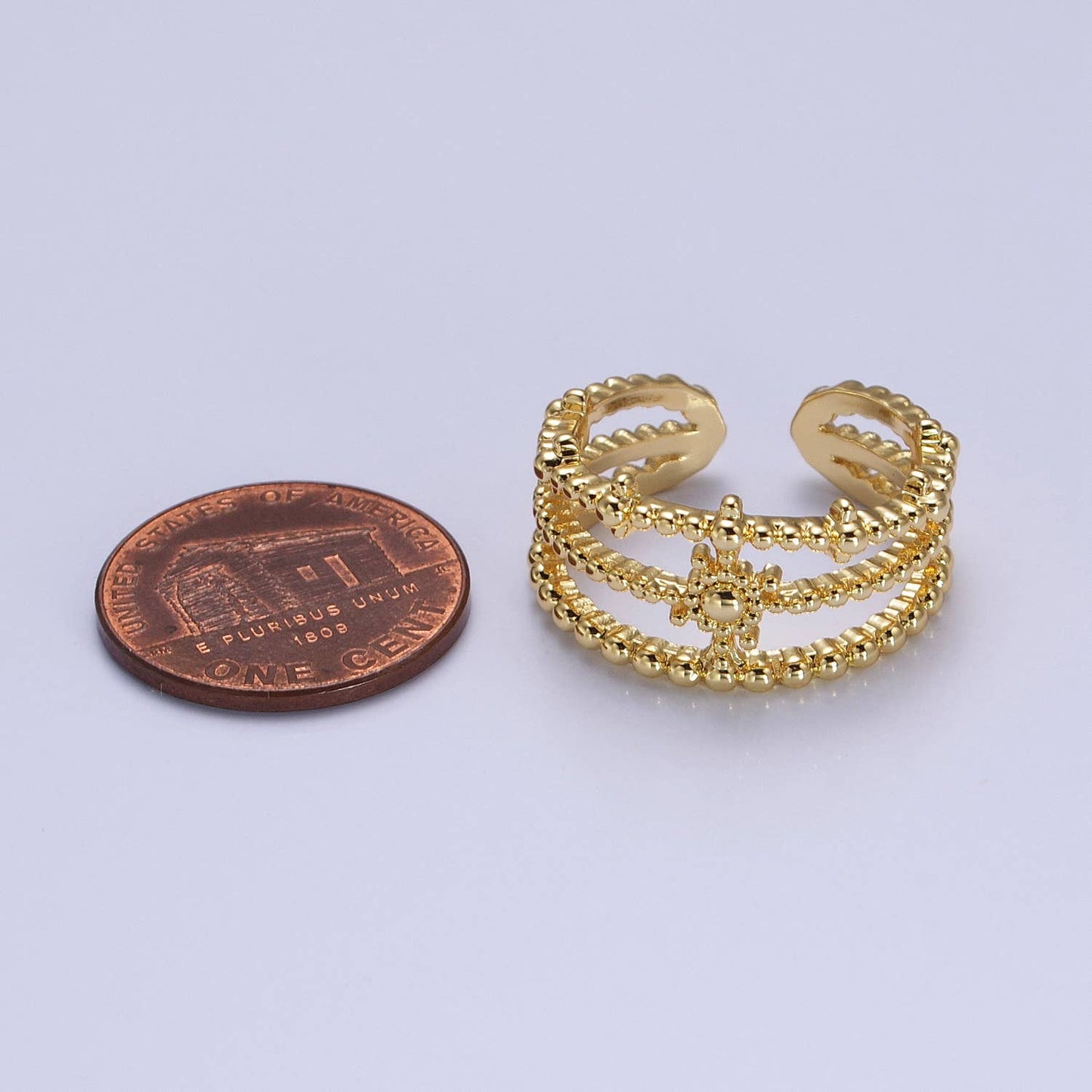Elegant Triple Band Gold Dotted Adjustable Statement Ring