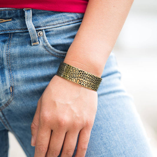 Crocodile Print Brass Engraved Cuff Bracelet
