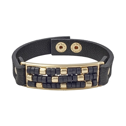 Wood and Gold Bead on Leather Snap Bracelet WHAT'S HOT