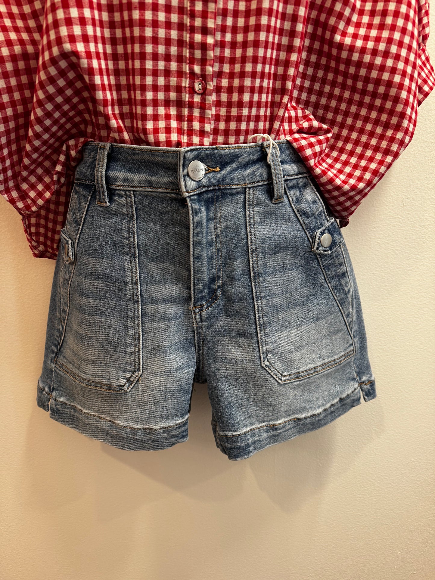 High-Rise Patched Pocket Shorts