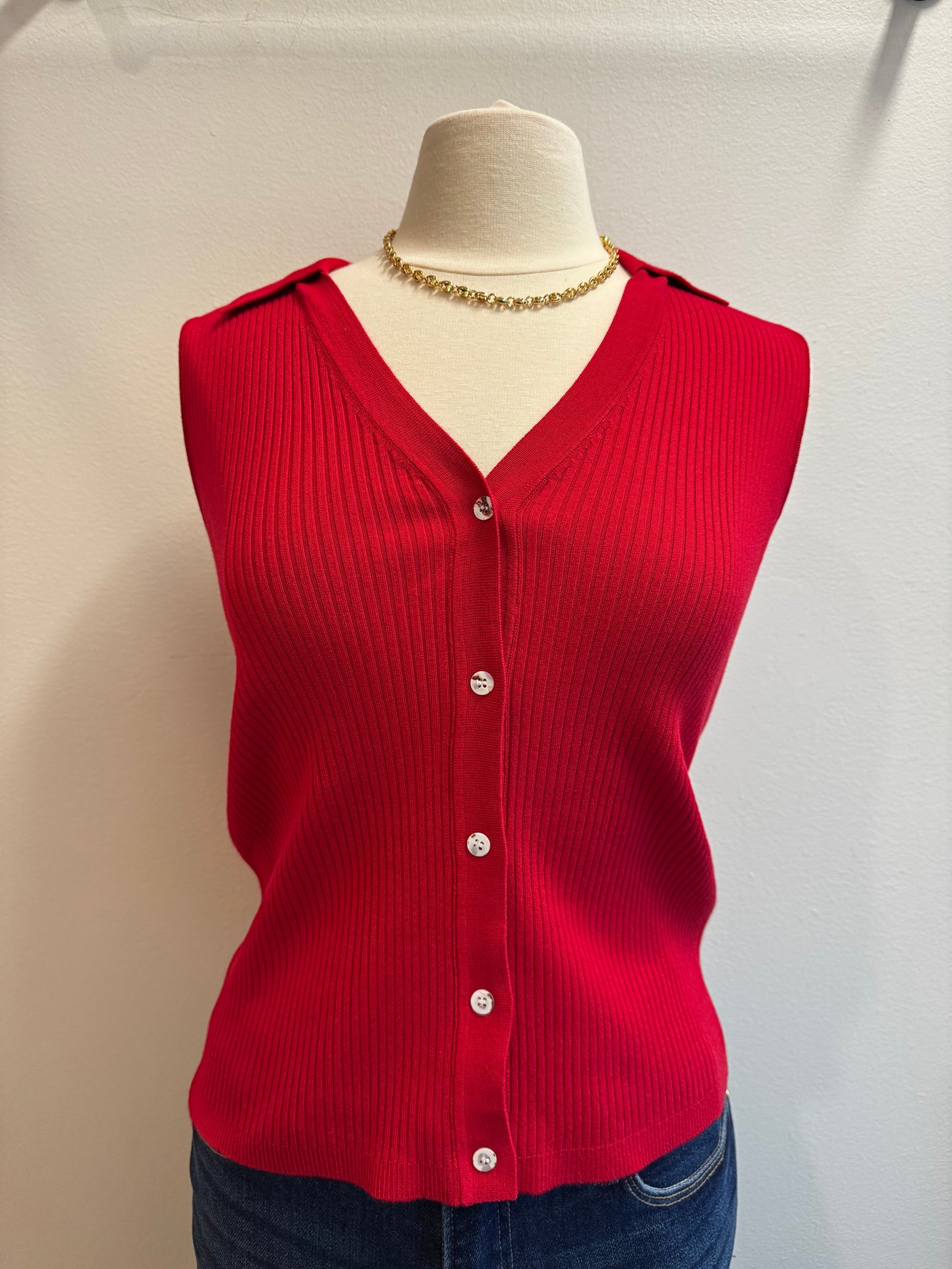 Ribbed Button Down Sleeveless Collar Top