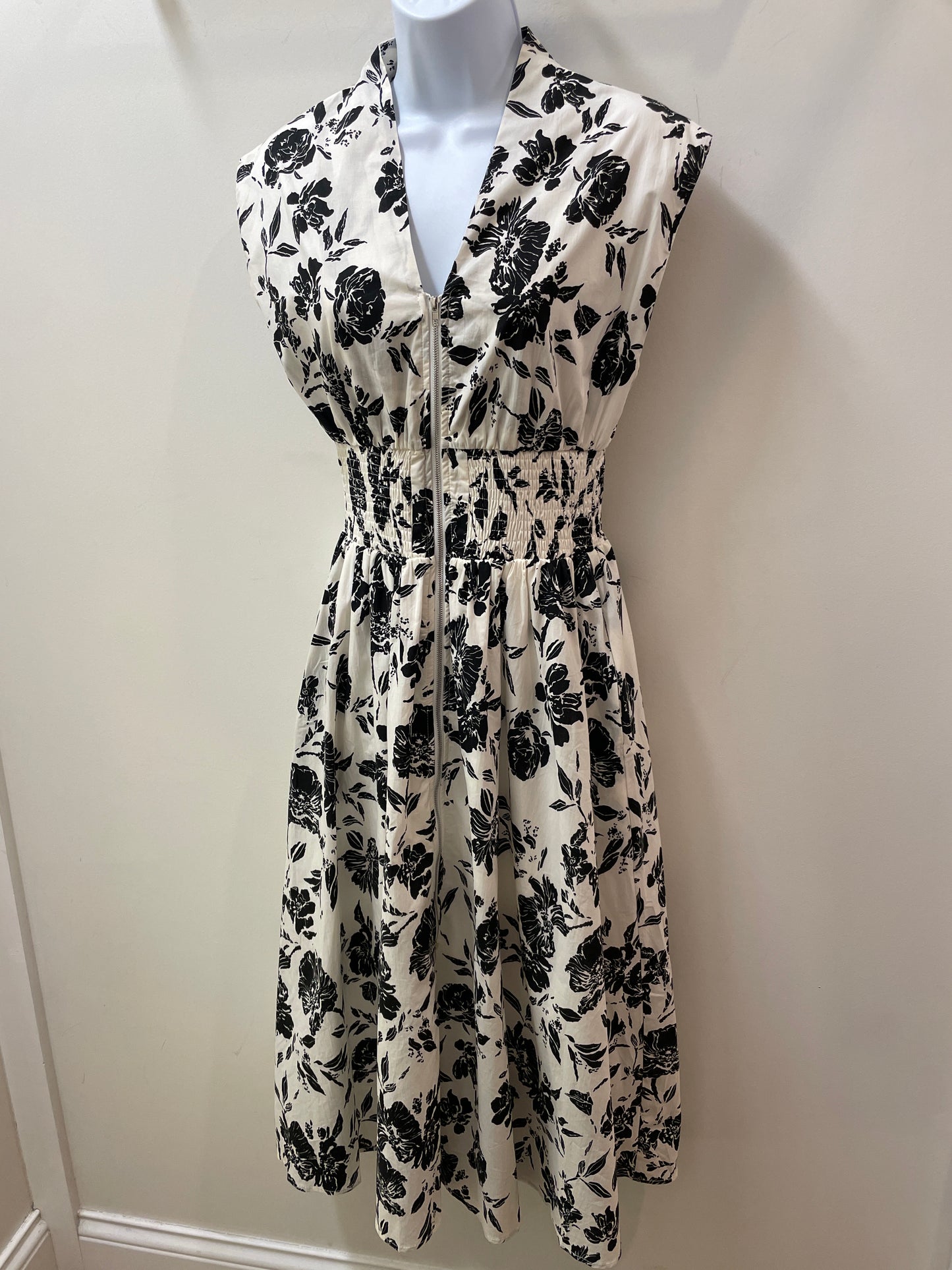 Drop Shoulder Smocked Waist Front Zip Midi Dress She + Sky