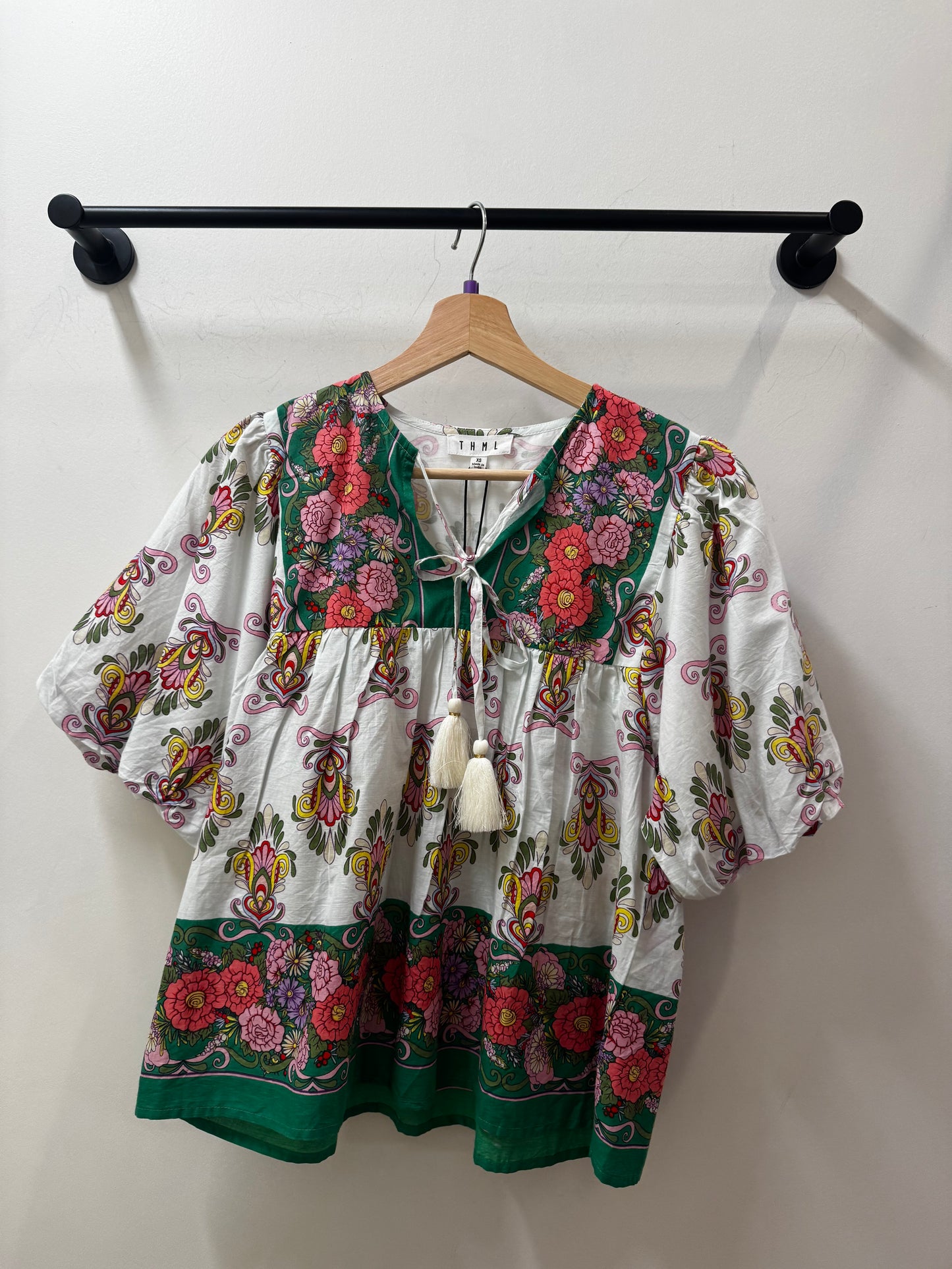 Puff Sleeve Floral Tassel Tie Top
