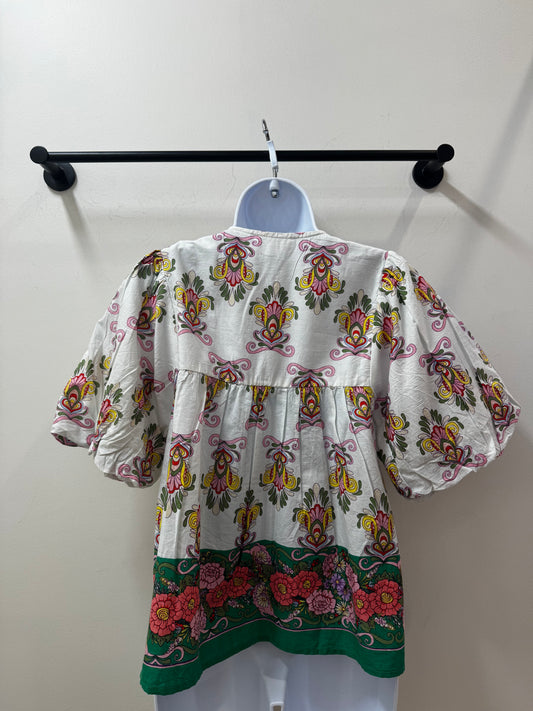 Puff Sleeve Floral Tassel Tie Top