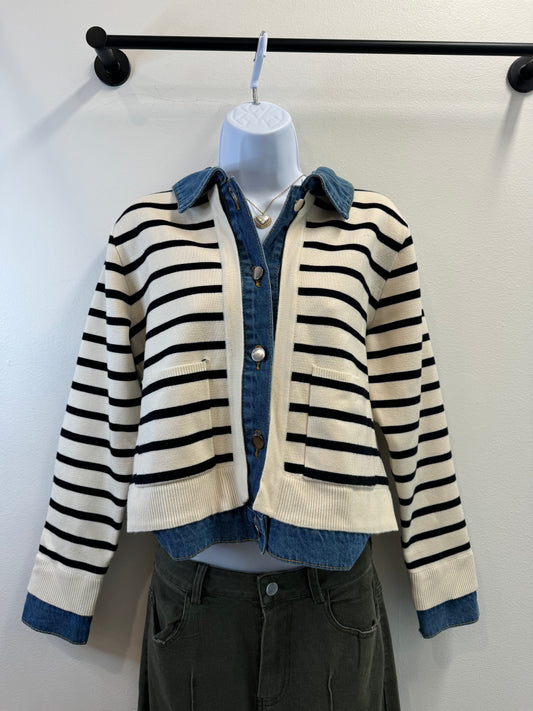 Stripe Cardigan with Denim Details Entro