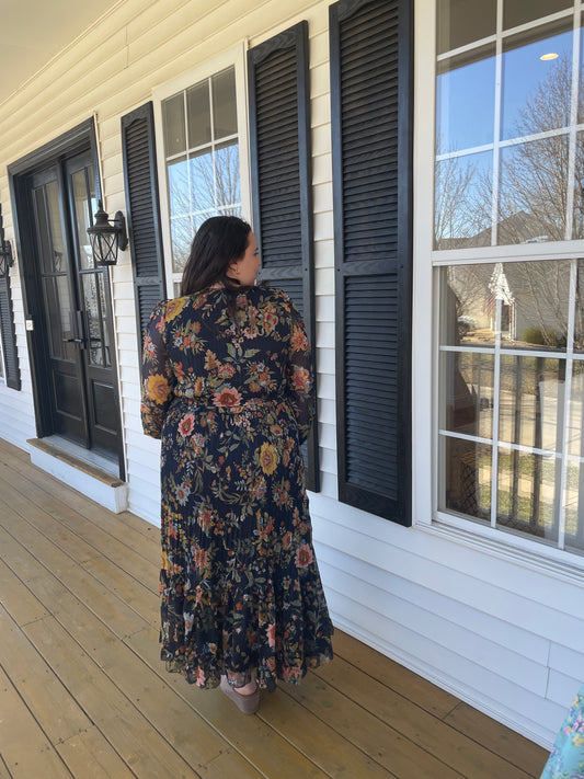 Long Sleeve Chiffon Pleated Maxi Dress