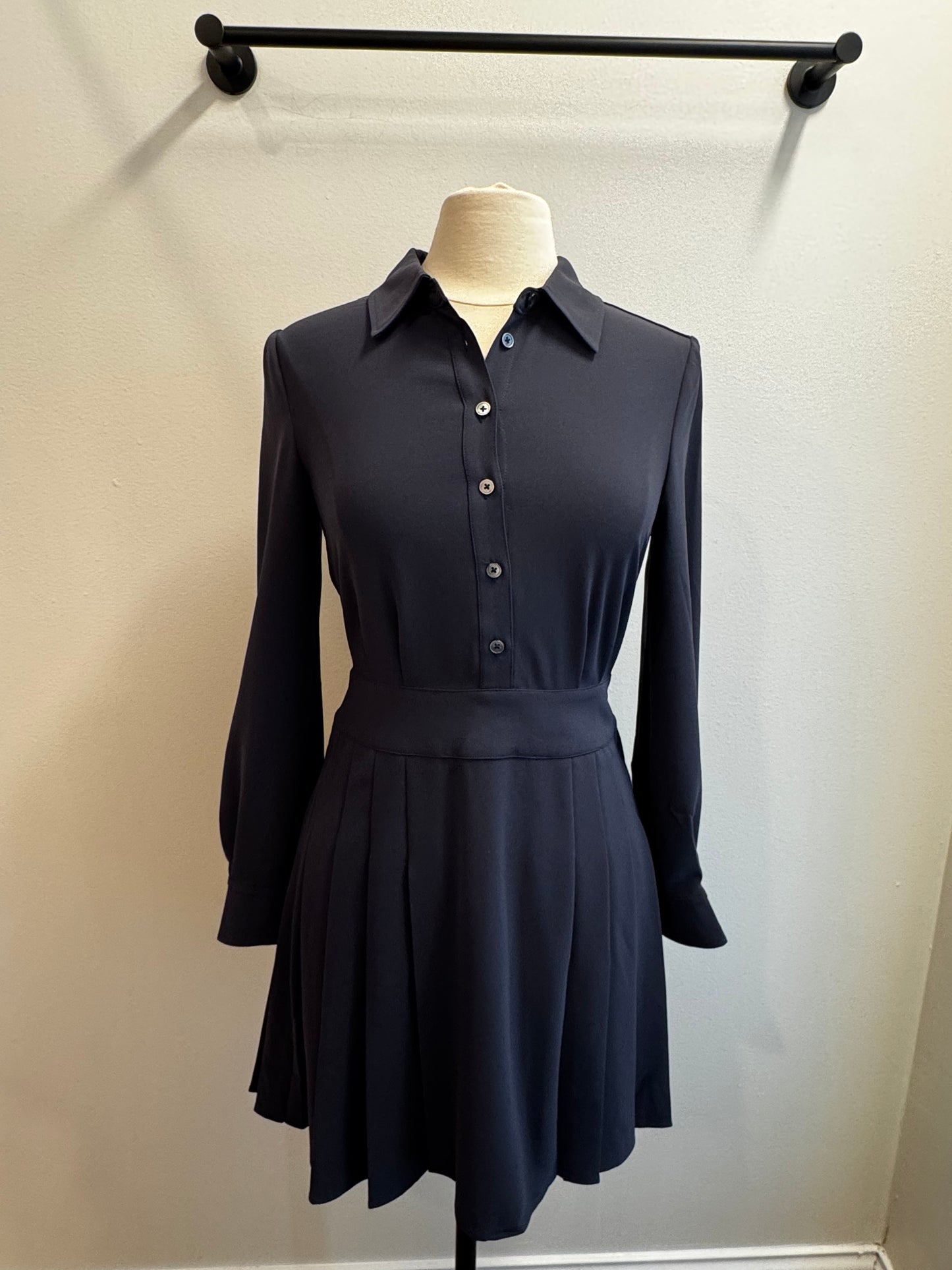 Long Sleeve Button Down Mini Dress with Pleated Skirt