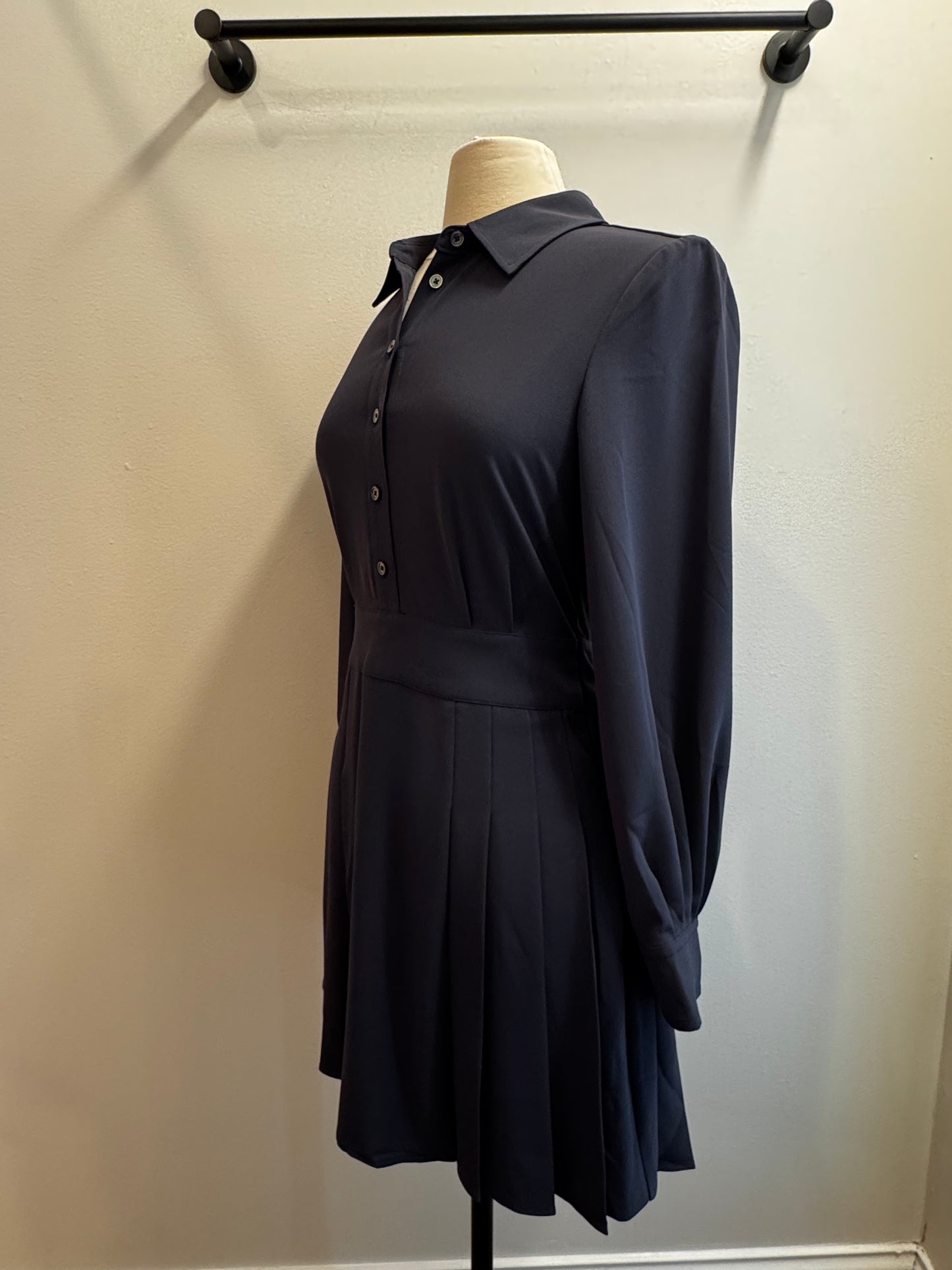 Long Sleeve Button Down Mini Dress with Pleated Skirt