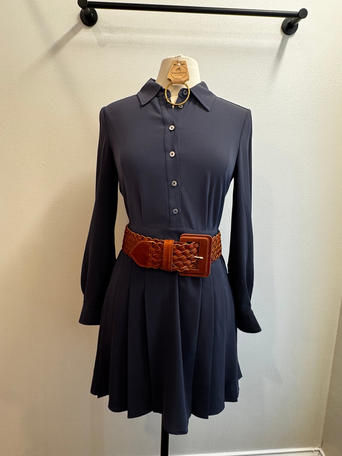 Long Sleeve Button Down Mini Dress with Pleated Skirt