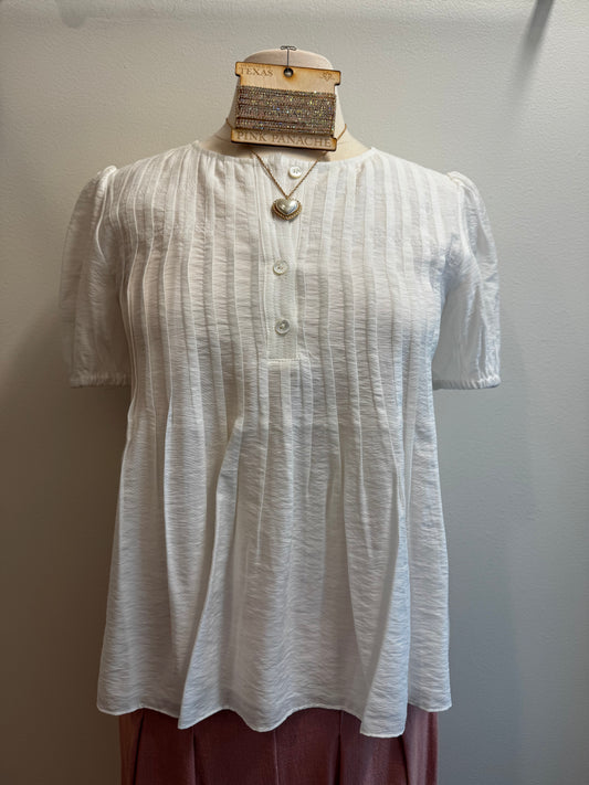 Round Neck Button Front Pleated Top