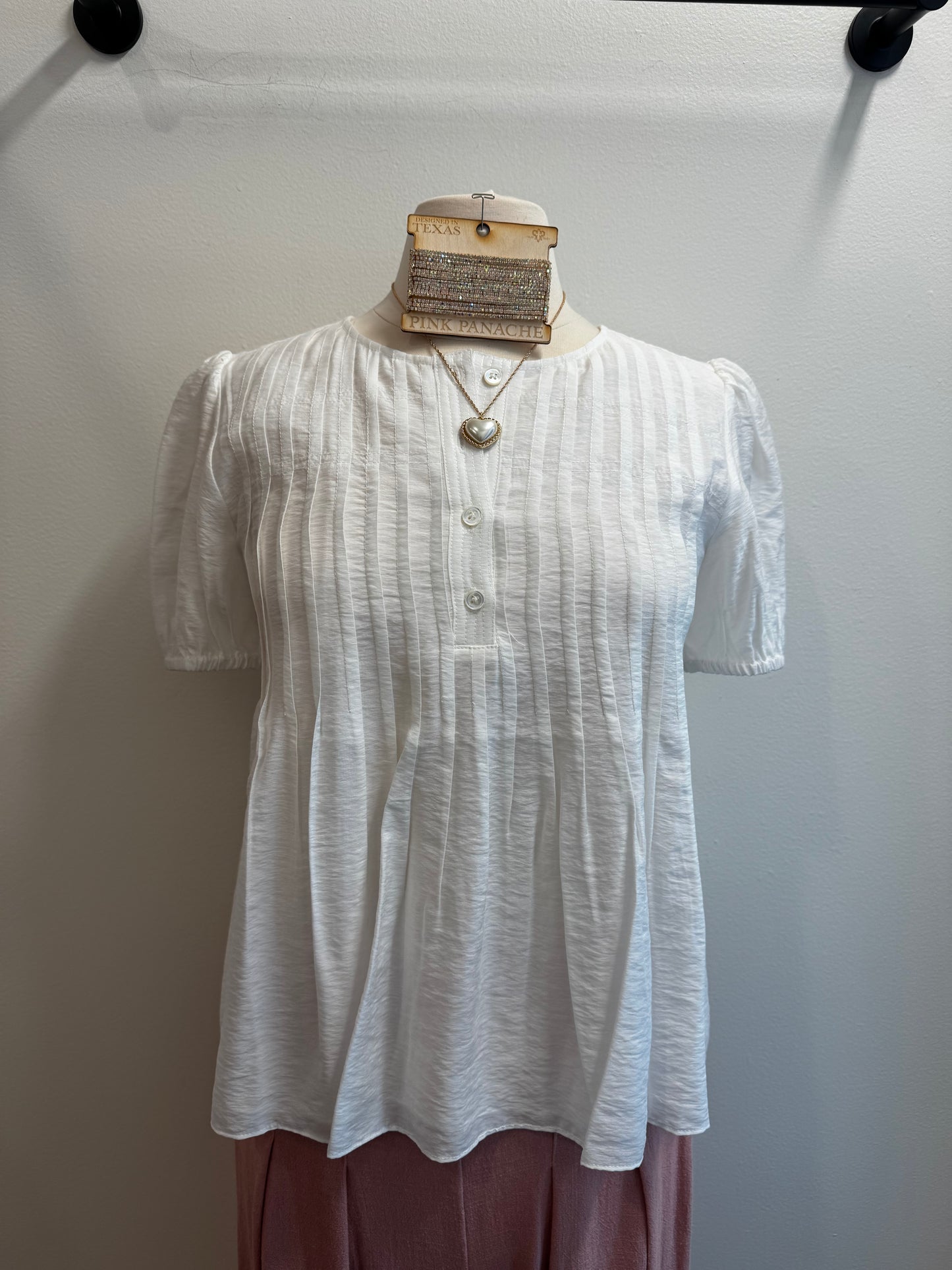 Round Neck Button Front Pleated Top