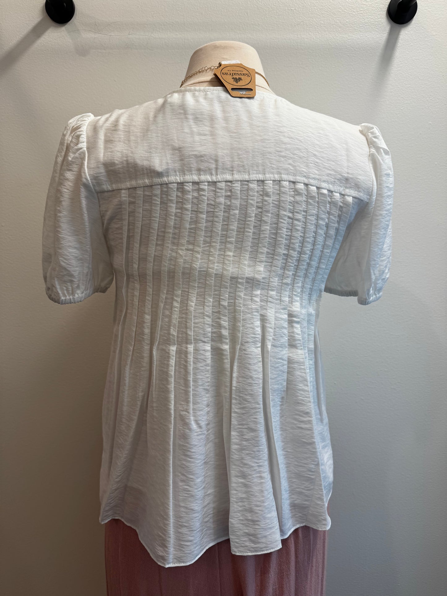 Round Neck Button Front Pleated Top