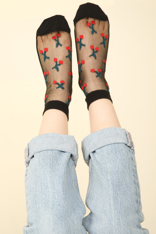 Cherry Embroidered Mesh Ankle Socks Very J