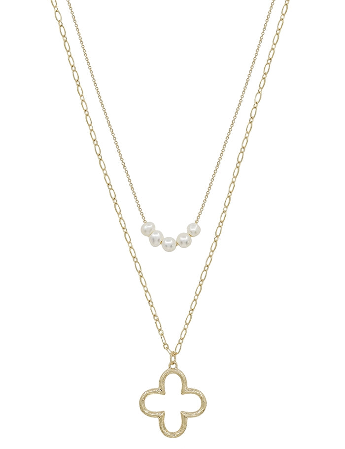 Layered Open Clover with Pearl Necklace WHAT'S HOT