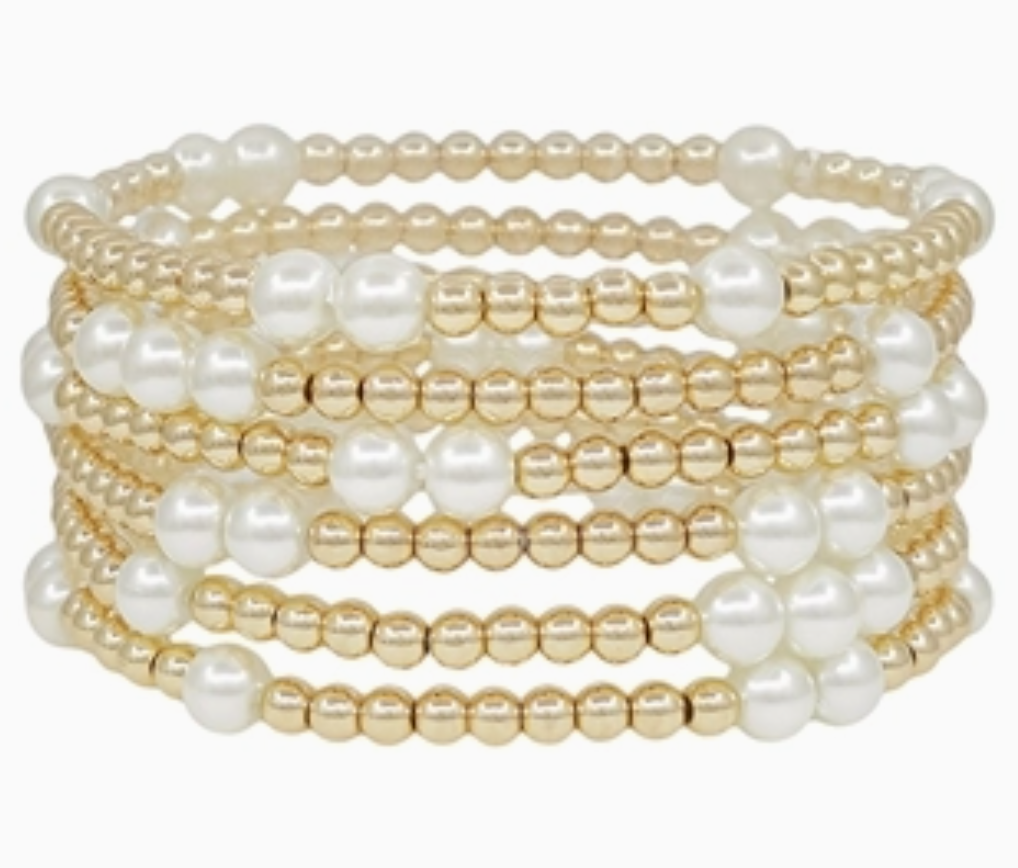 Gold Beaded and Pearl Water Resistant Stretch Bracelet WHAT'S HOT