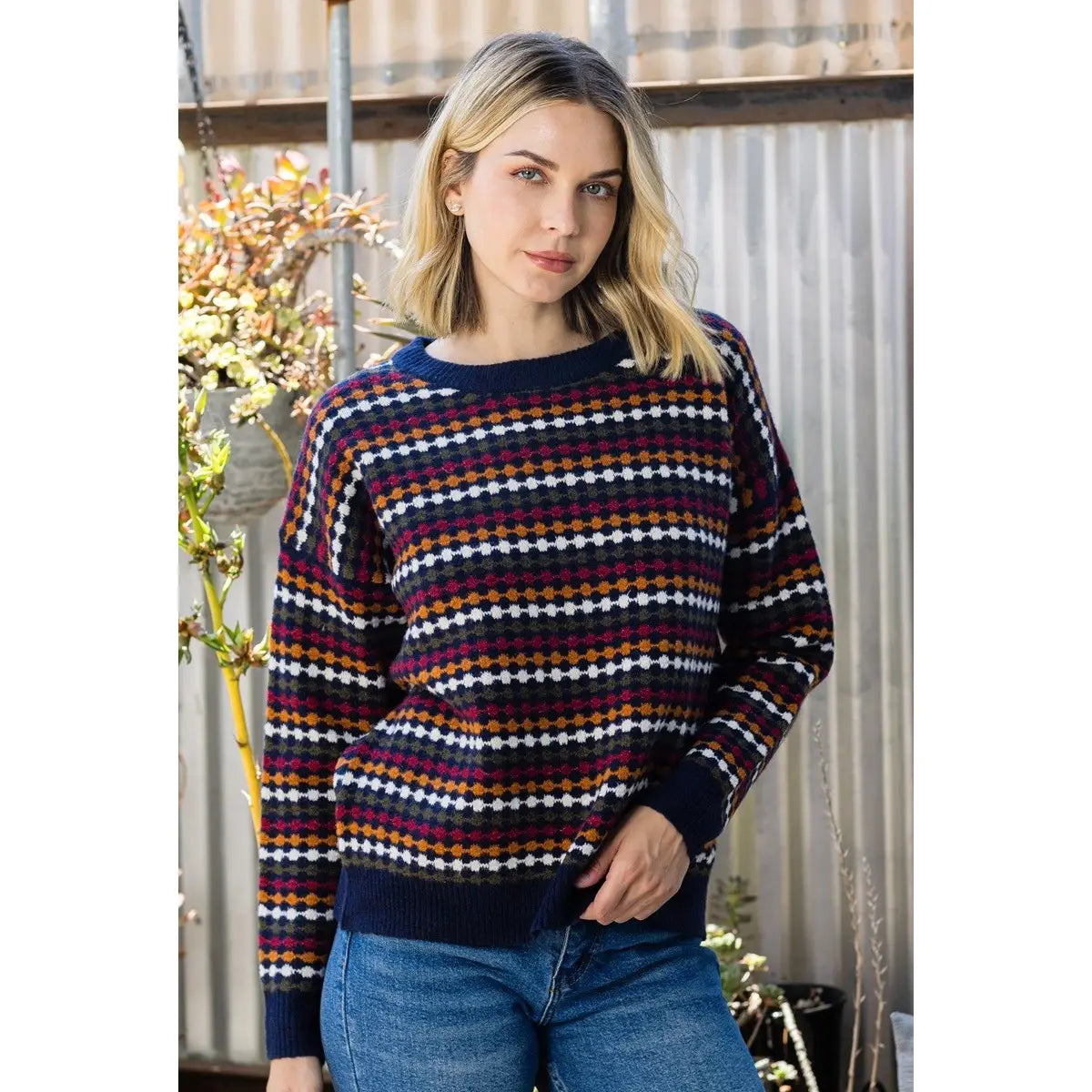 Multi Color Honeycomb Striped Sweater