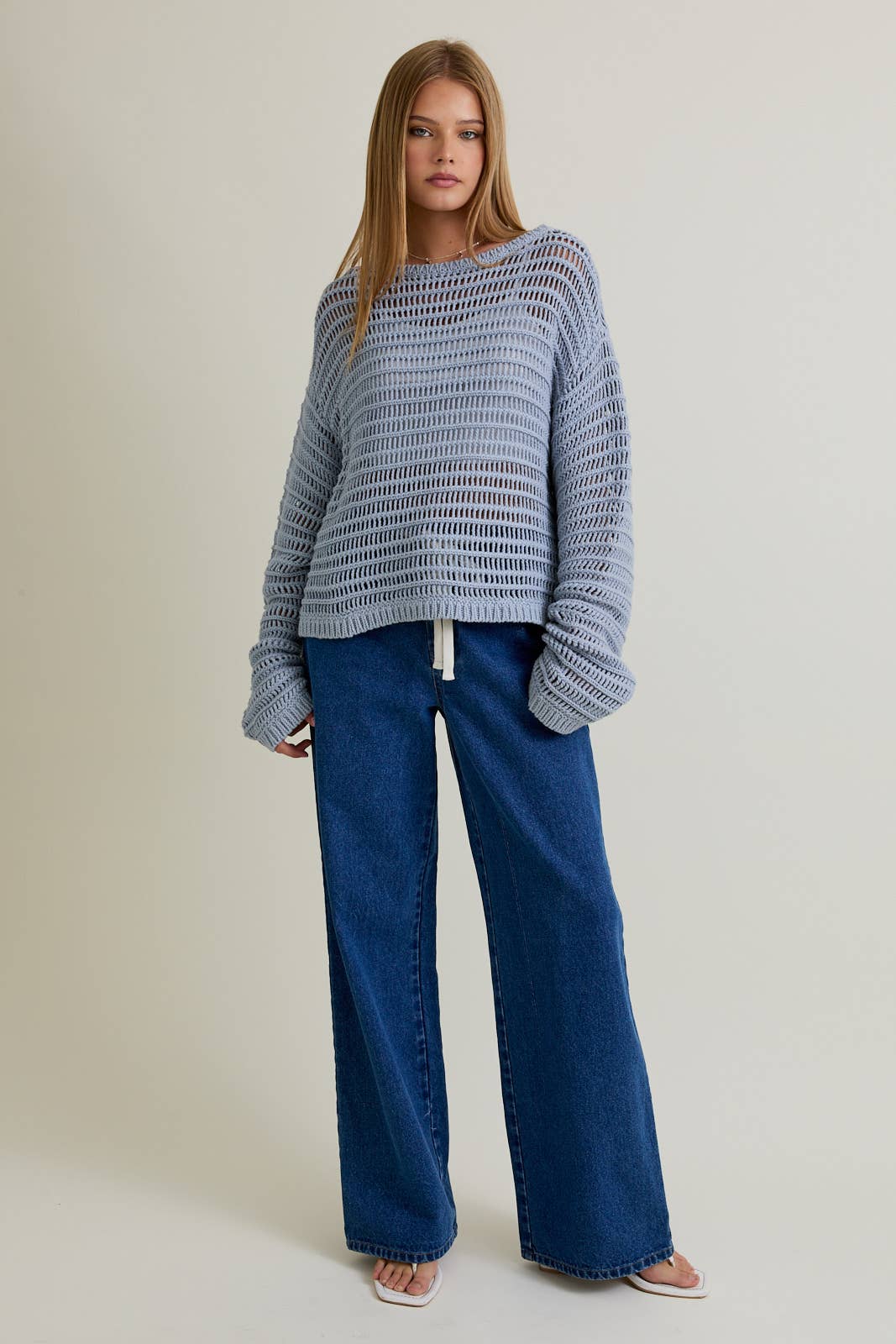 BOAT NECK OPENWORK SWEATER TOP
