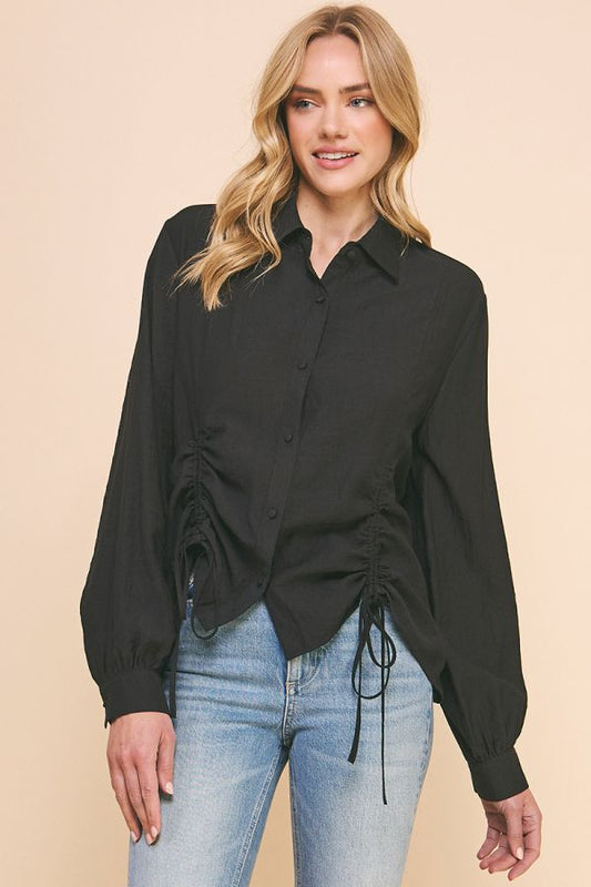 Woven Button-Up Shirt with Princess Seam Scrunch-Tie Detail Allie Rose