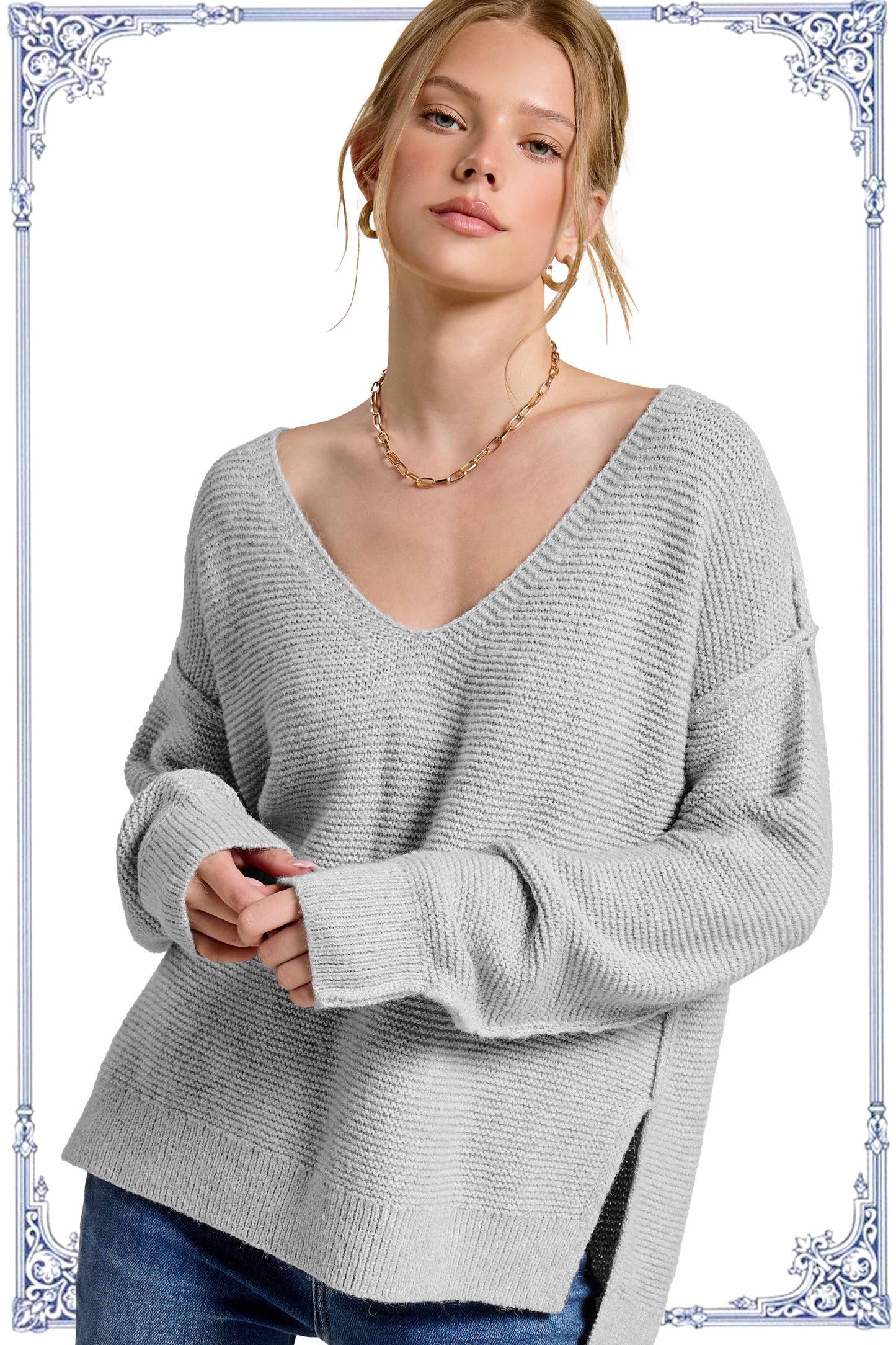 Marled High-Low V-Neck Sweater Exposed Seams Fall