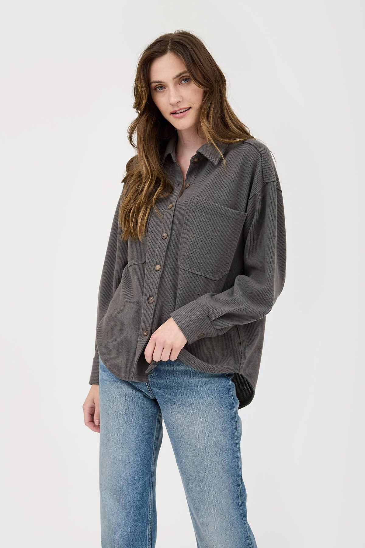 RIB KNIT EXPOSED SEAM BUTTON UP TOP