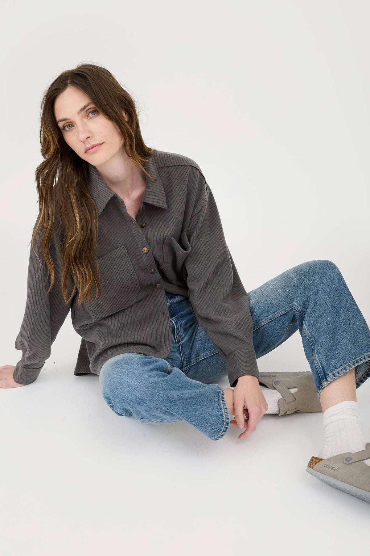 RIB KNIT EXPOSED SEAM BUTTON UP TOP