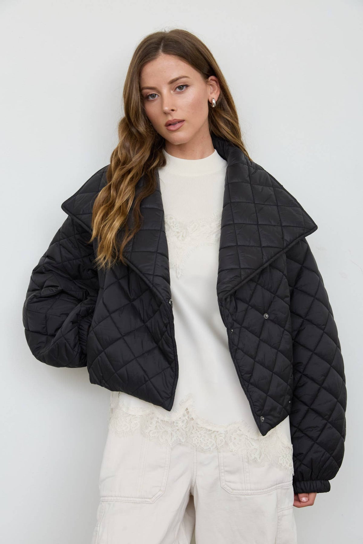 QUILTED SHAWL COLLAR CROPPED JACKET