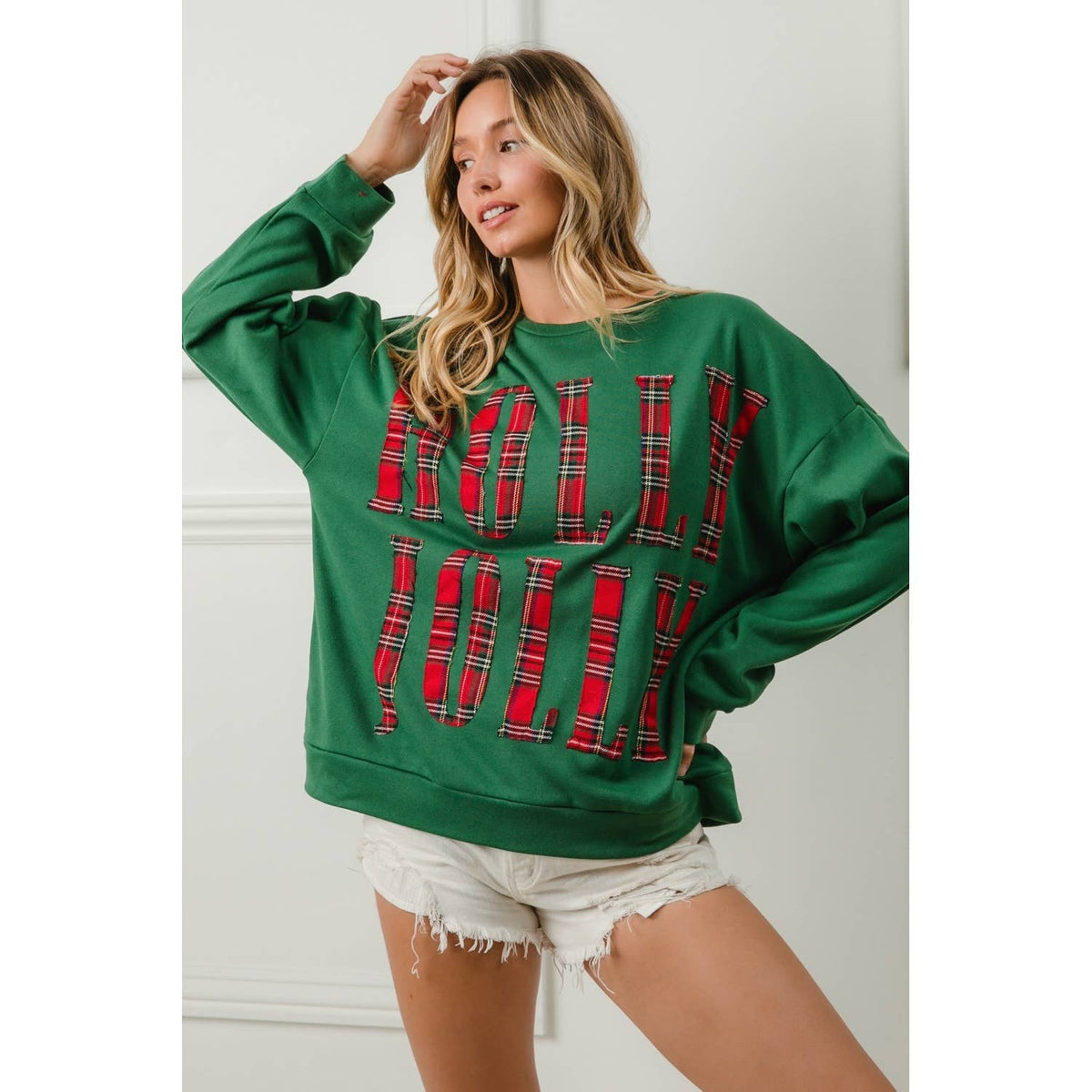 PLAID HOLLY JOLLY LETTERING CHRISTMAS SWEATSHIRT