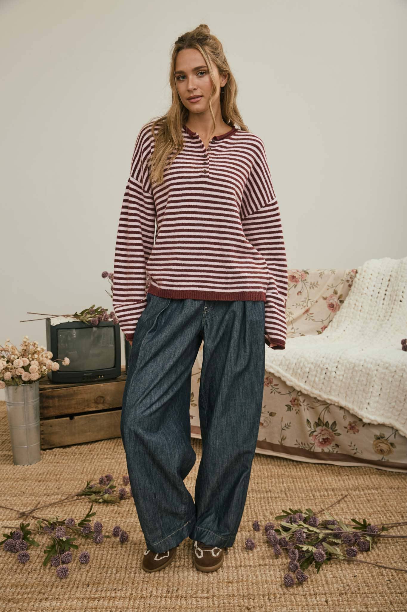 BUTTON HENLEY STRIPE LONG SLEEVE DROP SHOULDER SWEATER