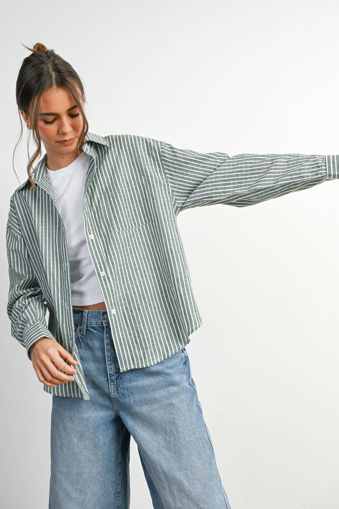 Cropped Striped Button-Up Collared Long Sleeve Top