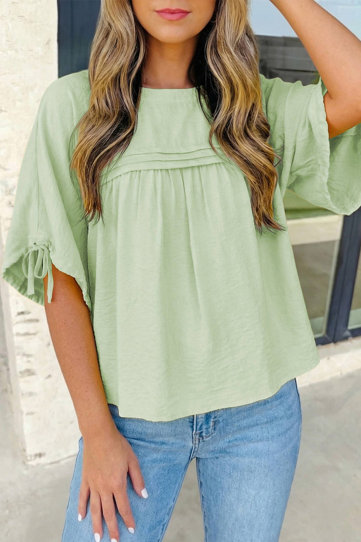 Tie Half Sleeve Pleated Detail Babydoll Blouse