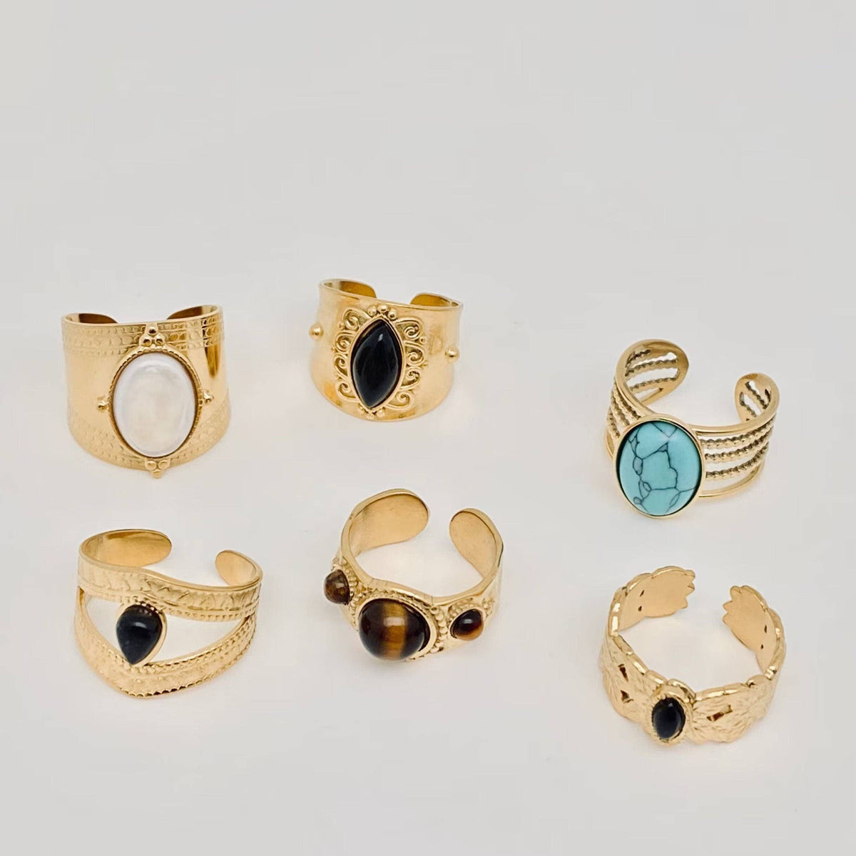 Vintage Stainless Steel Inlaid Natural Stone Rings - FGS/CS
