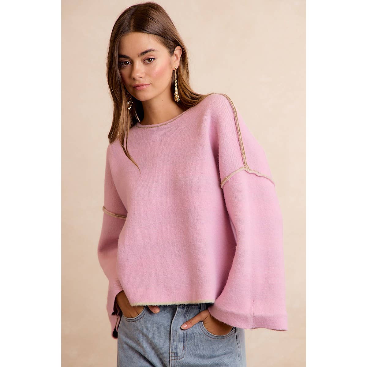 STRIPE CONTRAST BINDING AND REVERSIBLE SWEATER
