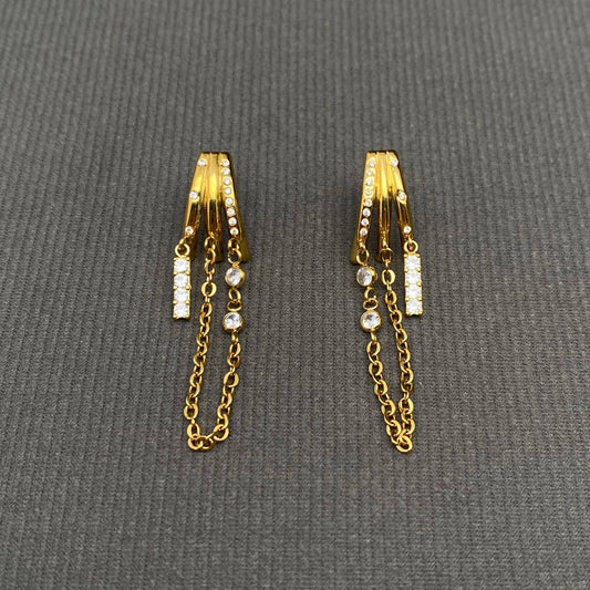 Zircon Inlaid Chain Fringe 18K Golden SS Stud Earrings - FGS