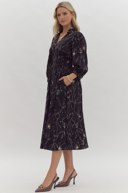 Smocked Waist 3/4 Sleeve Zip Front Dress Entro