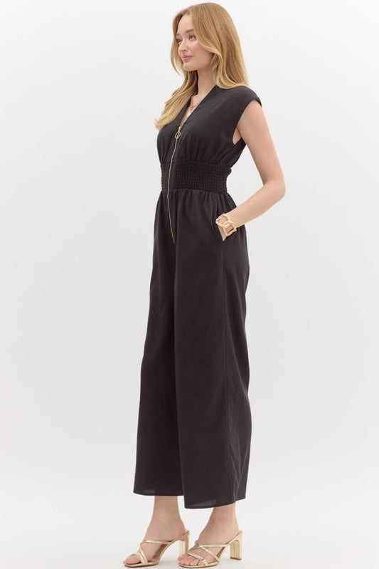 Smocked Waist Zip Front Jumpsuit