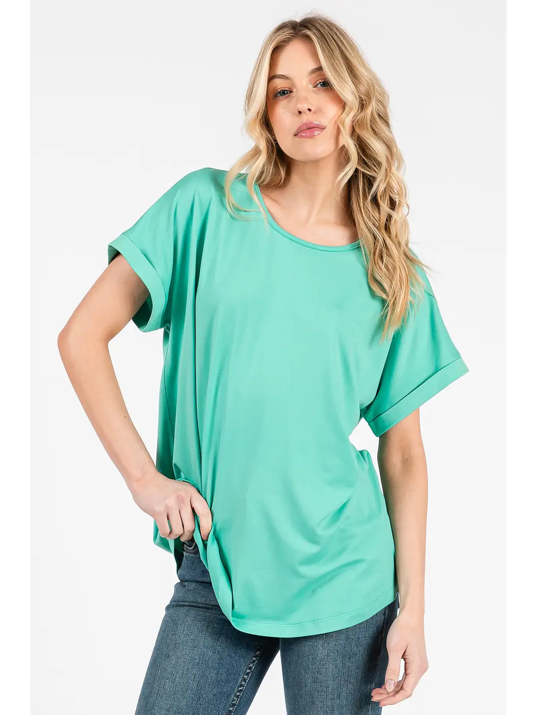 DTY Round Neck Dolman Short Sleeve Knit Top