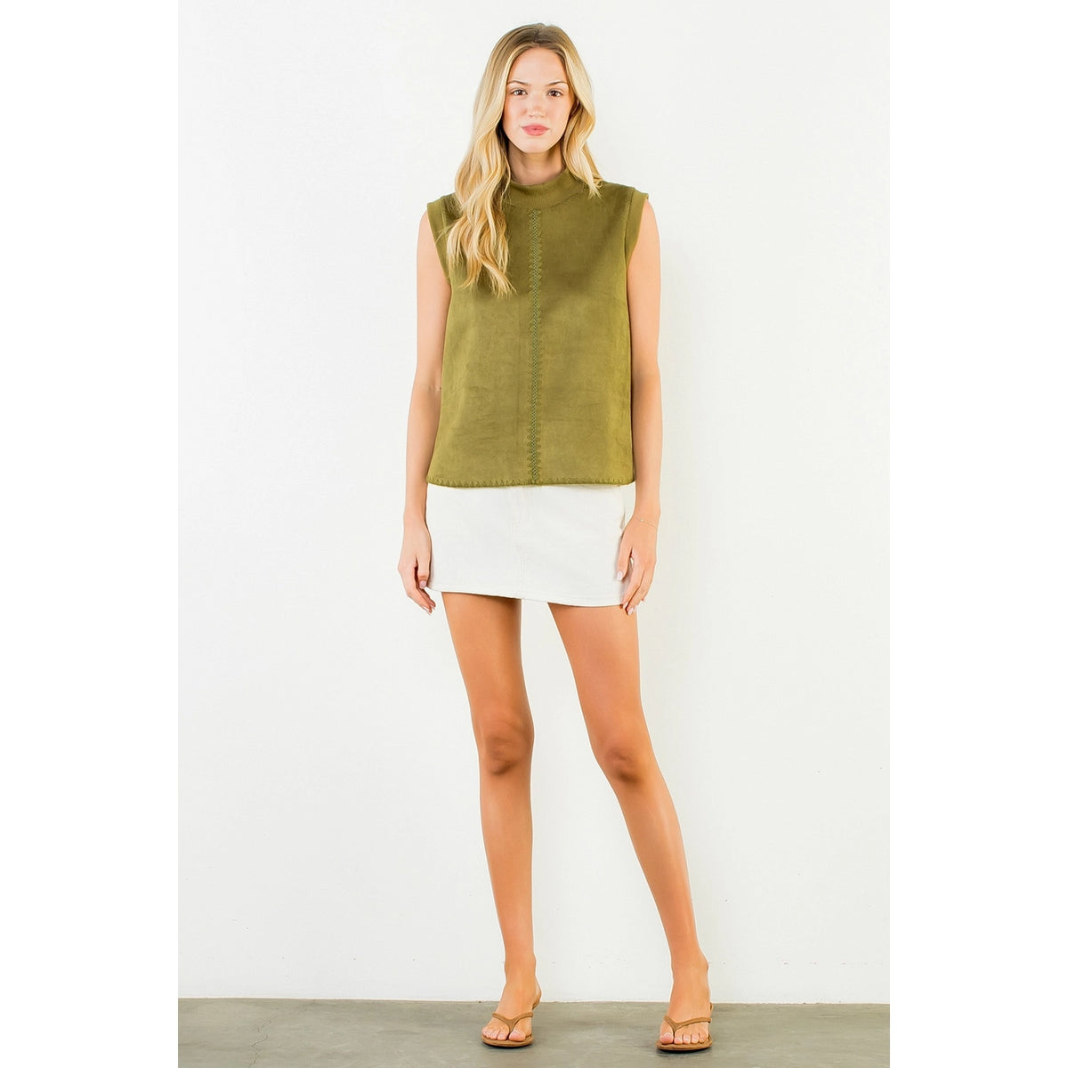 Sleeveless Suede Top with Stitch Detail