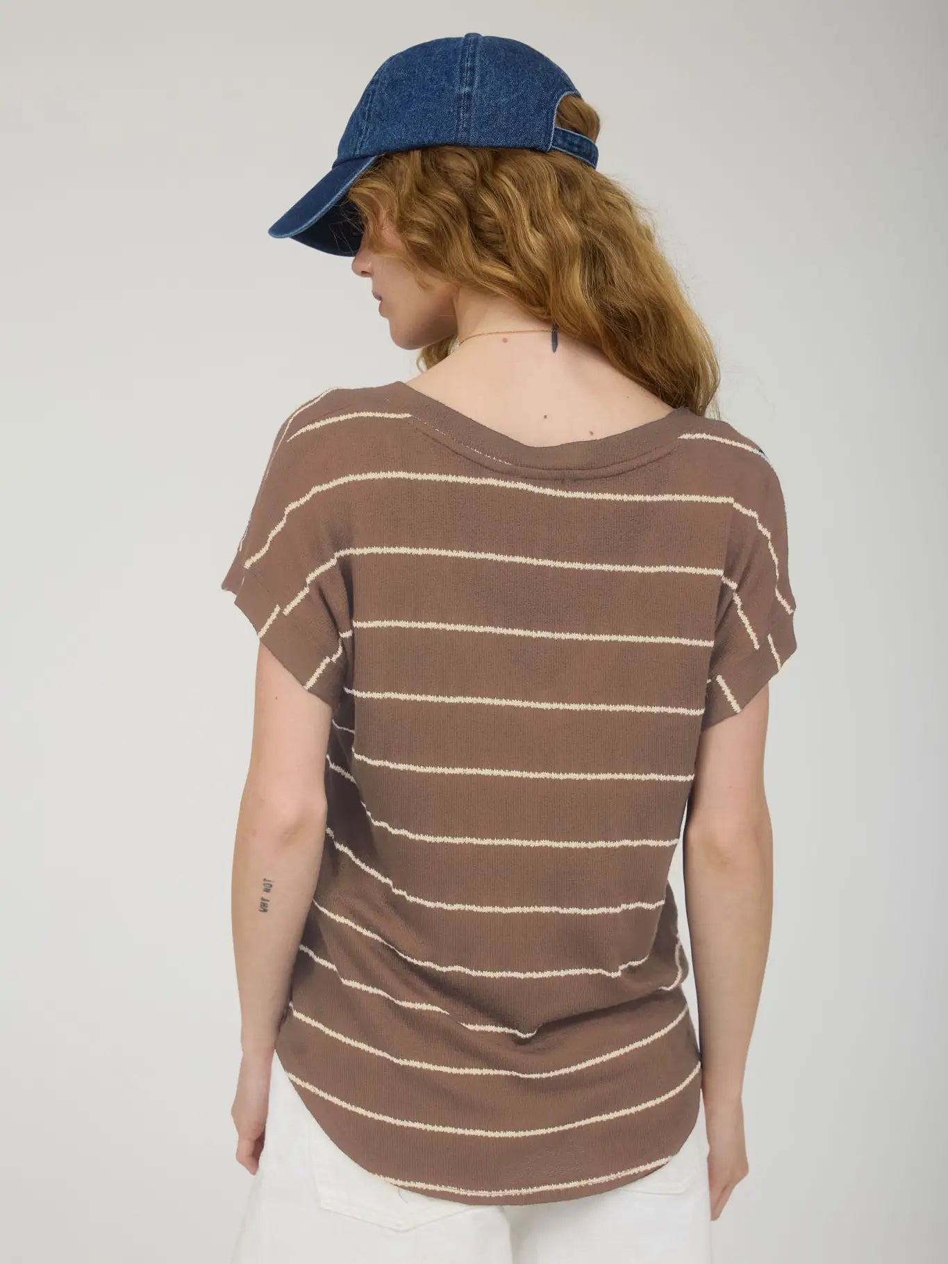 Stripe V-Neck Cuffes Short Sleeve Knit Top