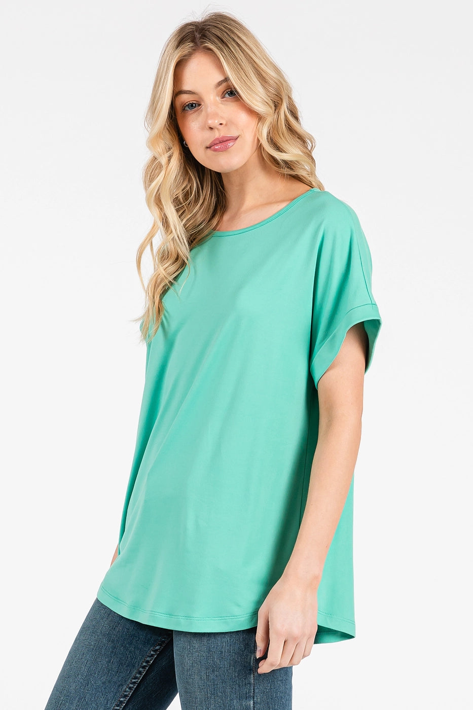 DTY Round Neck Dolman Short Sleeve Knit Top