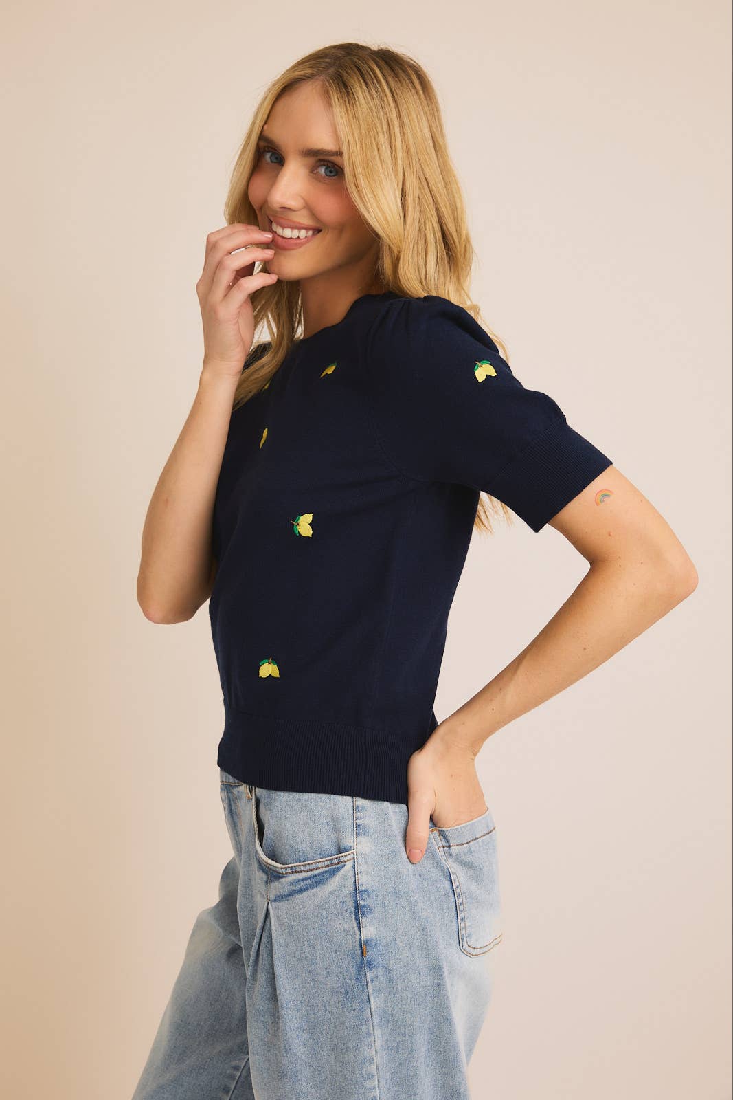 Round Neck Puff Sleeve Embroidered Knit Top