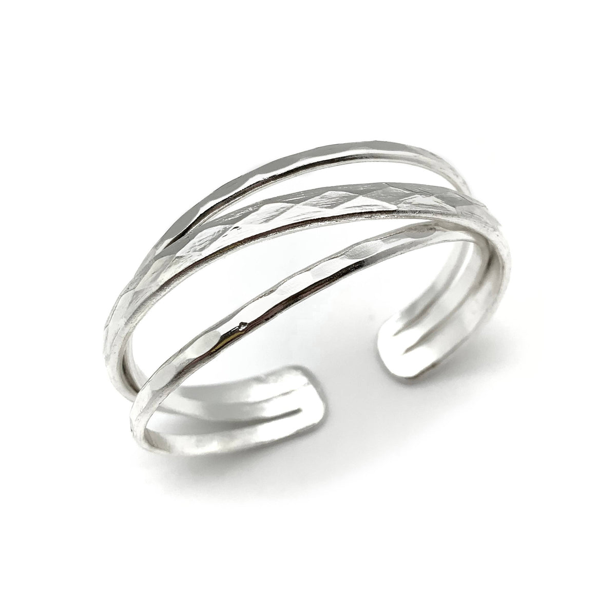 Silver Plated Adjustable Cuff Bracelet - Stacked Thin Bands