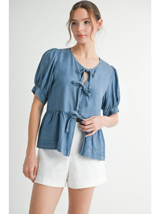 Denim Bow Peplum Top