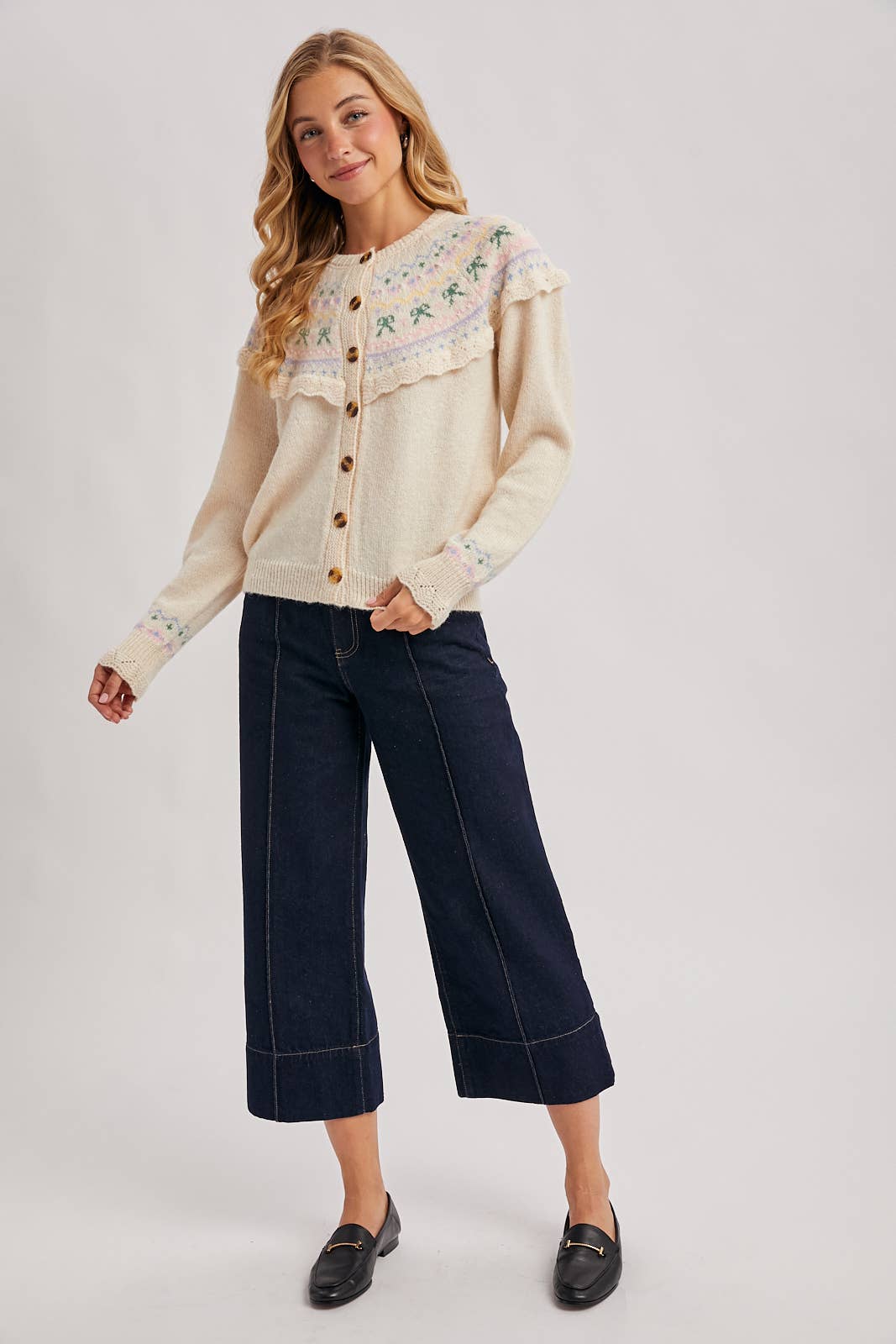 BUTTON FRONT FAIR ISLE KNIT SWEATER TOP