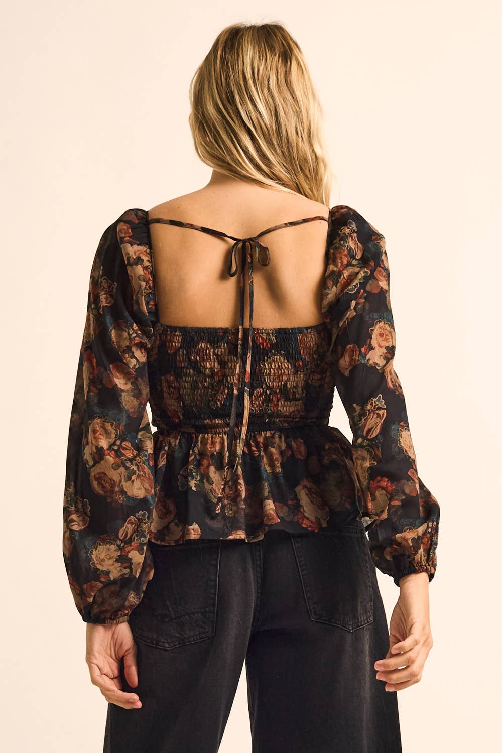 Floral-Print Velvet-Trim Babydoll Peasant Top
