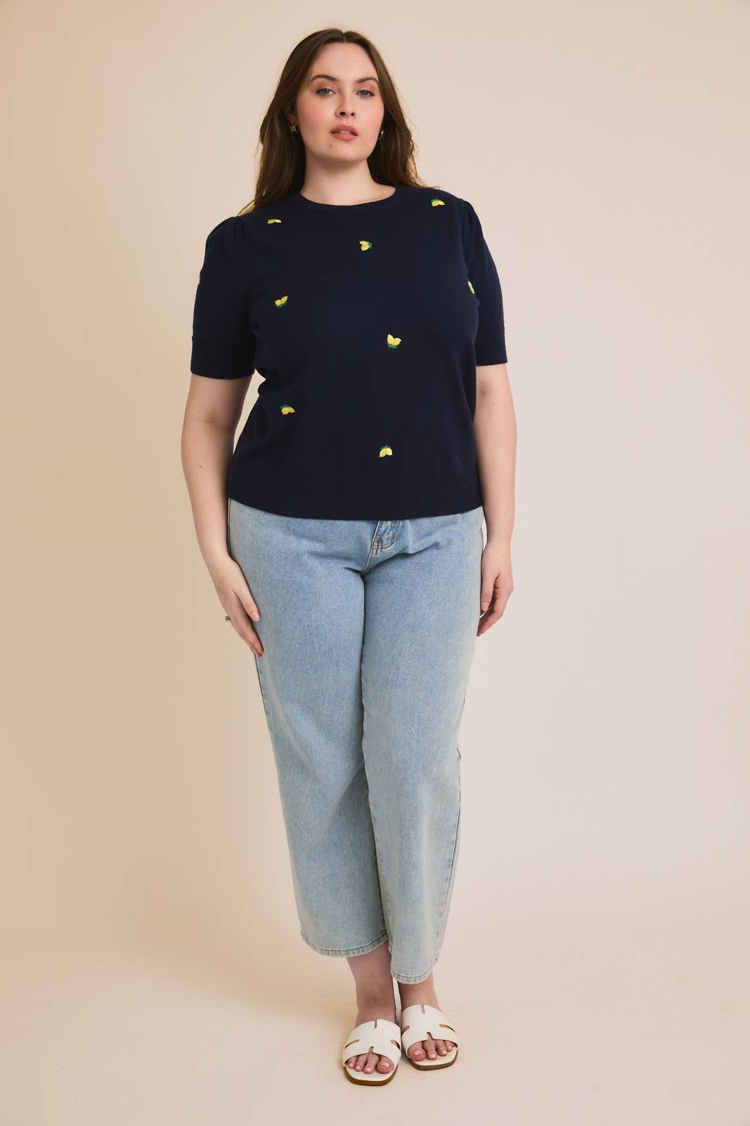 Round Neck Puff Sleeve Embroidered Knit Top