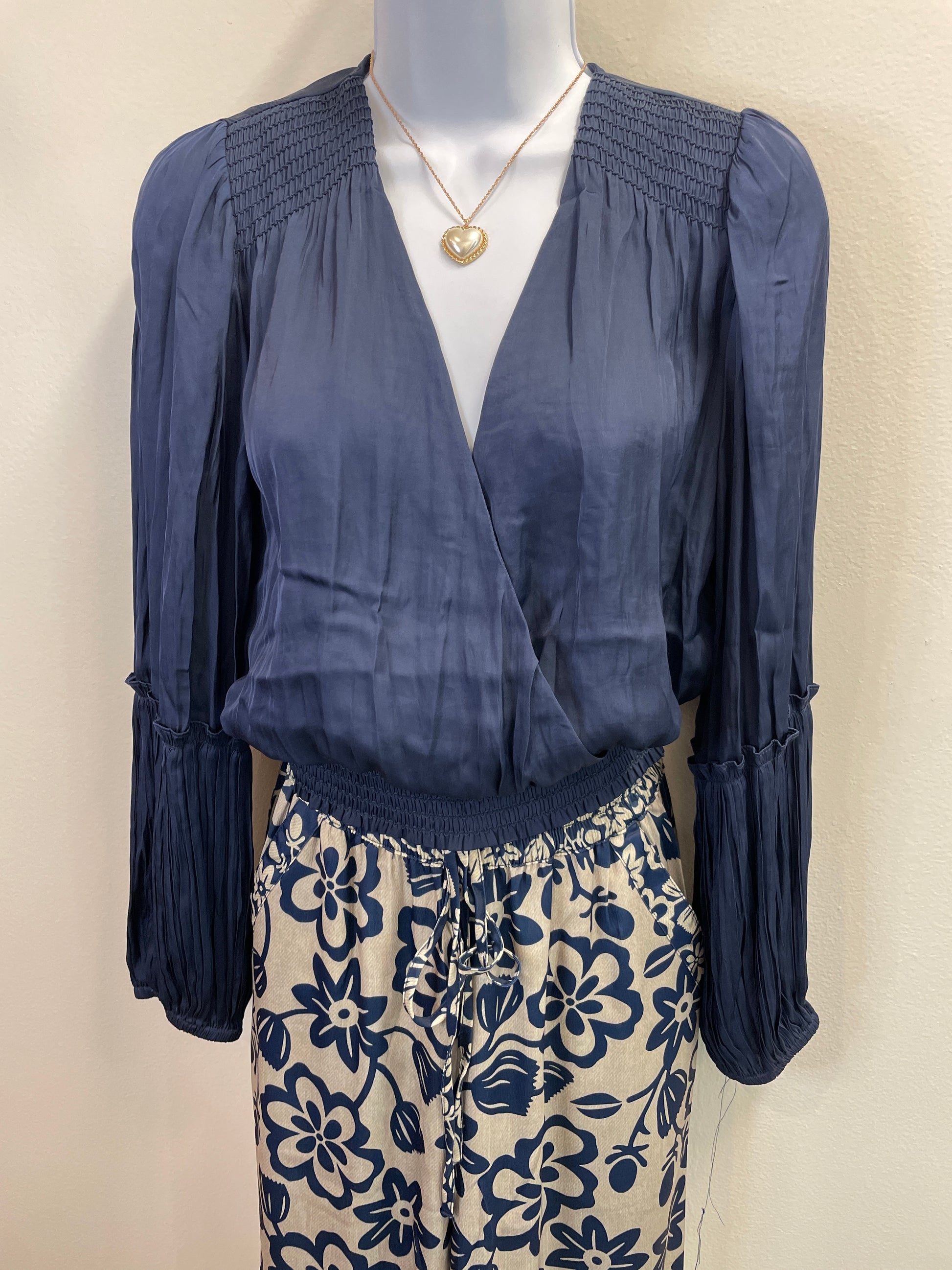 Long Sleeve Surplice Neck Blouse with Pleated and Smocked Details Current Air