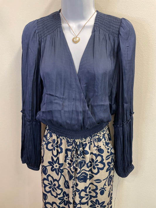 Long Sleeve Surplice Neck Blouse with Pleated and Smocked Details Current Air