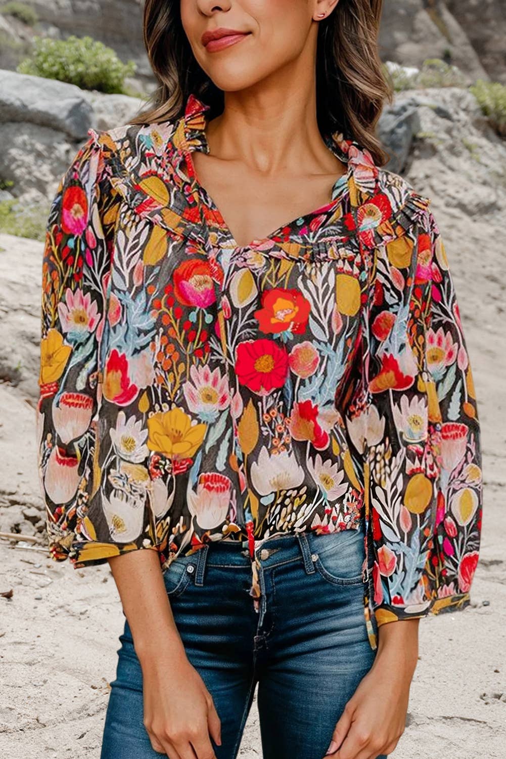 Floral 3/4 Puff Sleeve Tie Neck Blouse | S-XL