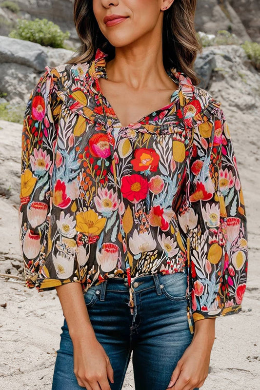 Floral 3/4 Puff Sleeve Tie Neck Blouse | S-XL